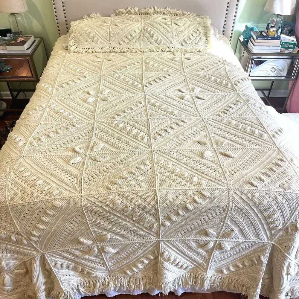 Vintage 1970s Hand Knit Queen Bedspread Blanket Set Ivory Boho Cottage Grandma
